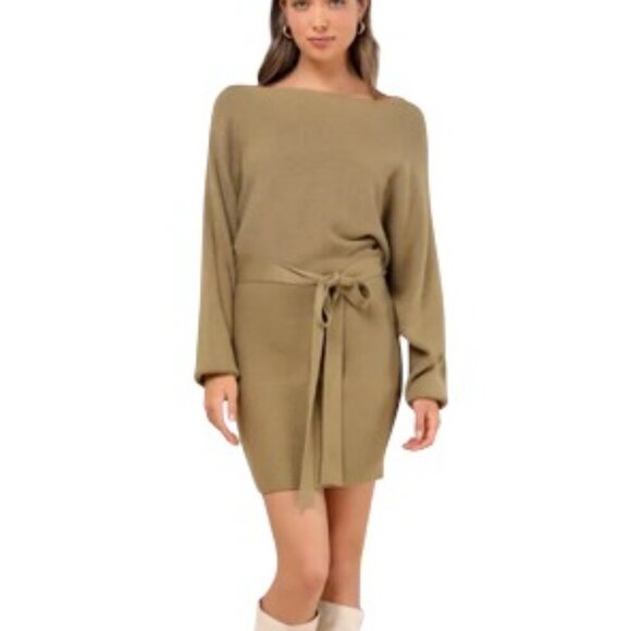 NWT LULUS Modern Comfort Olive Green Dolman Sleeve Mini Sweater Dress Small - Picture 1 of 12
